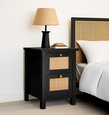 Hallowood Furniture Newquay Black Bedside With 2 Drawer And Real Rattan Front from B&Q