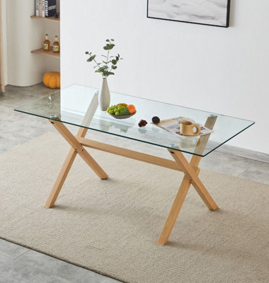 B&Q -  Cullompton Glass Table With Wooden Effect Legs (160Cm)