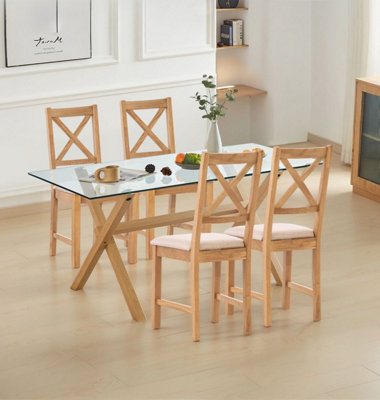 B&Q -  Cullompton Dining Table Glass Top (160Cm) With 4 Beige Fabric Cross Back Chairs