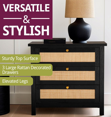 Hallowood Furniture Newquay Chest Of Drawers3 With Rattan Front Room For BedroomLiving & HallwayMultifunctional Black from B&Q