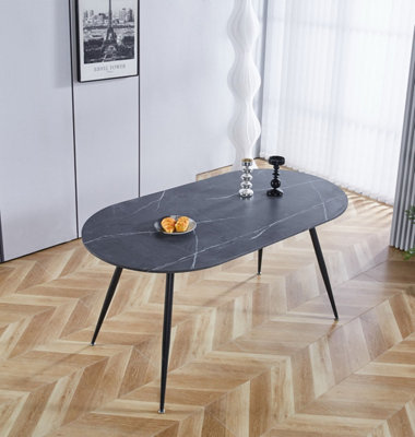 B&Q -  Cullompton Oval Dining Table 160Cm With Grey Marble Effect Top And Black Legs