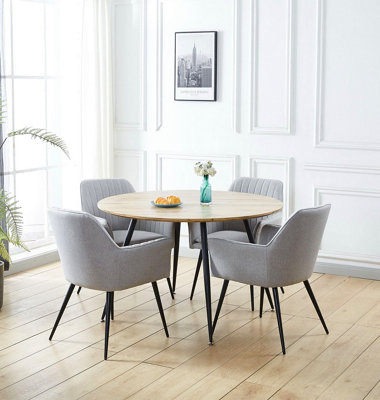 B&Q -  Cullompton Large Round Dining Table With Light Oak Effect Top (120Cm) With 4 Grey Fabric Chairs