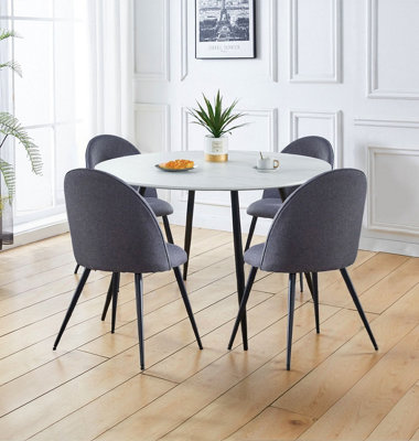 Hallowood Furniture Cullompton Large Round White Marble Effect Dining Table 120Cm With 4 Curved-Back Grey Fabric Chairs from B&Q