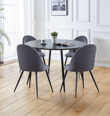 Hallowood Furniture Cullompton Large Round Black Dining Table 120Cm With 4 Curved-Back Grey Fabric Chairs from B&Q