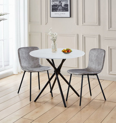 Hallowood Furniture Cullompton Small Round Dining Table 90Cm With 2 Taupe Leather Effect Chairs from B&Q