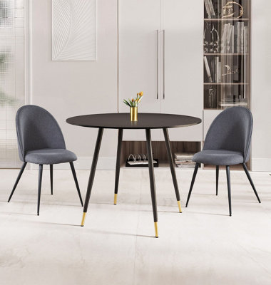 Hallowood Furniture Finley Small Round Dining Table In Black Finish With 2 Curved Back Grey Fabric Chairs from B&Q