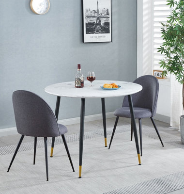 Hallowood Furniture Finley Small Round Dining Table In White Marble Finish With 2 Curved Back Grey Fabric Chairs from B&Q