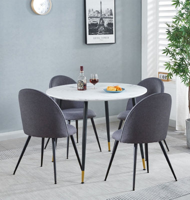 Hallowood Furniture Finley Small Round Dining Table In White Marble Finish With 4 Curved Back Grey Fabric Chairs from B&Q