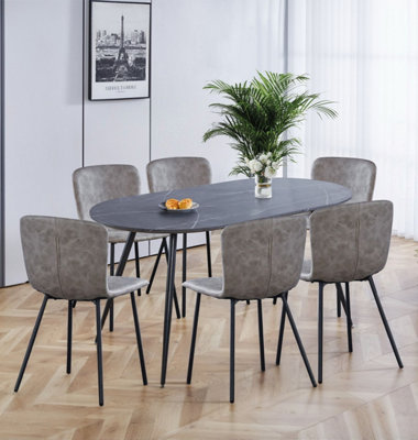 Hallowood Furniture Cullompton Large Oval Table (1.6M) With 6 Light Grey Leather Effect Chairs Light/Grey