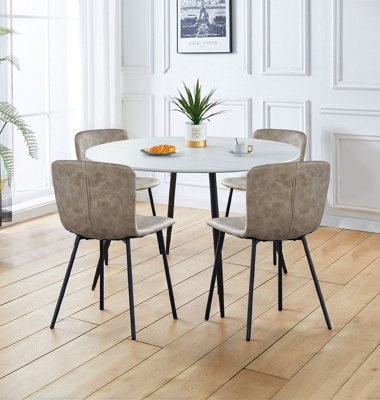 Hallowood Furniture Cullompton Large Round White Marble Effect Dining Table 120Cm With 4 Taupe Leather Effect Chairs from B&Q