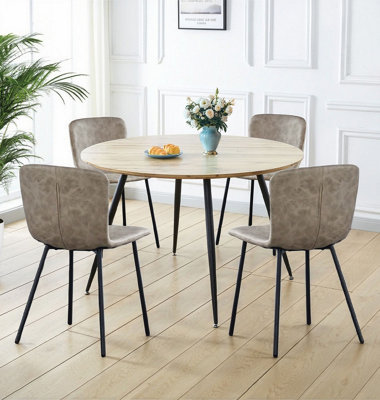 Hallowood Furniture Cullompton Large Round Dining Table With Light Oak Effect Top (120Cm) With 4 Taupe Leather Effect Chairs from B&Q