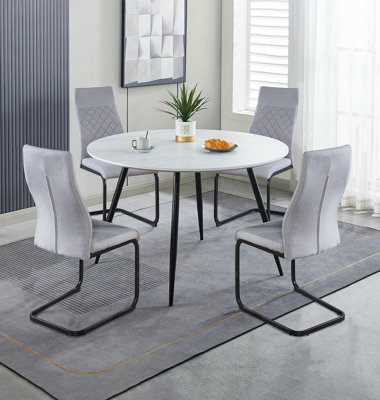Hallowood Furniture Cullompton Large Round White Marble Effect Dining Table 120Cm With 4 Grey High Back Chairs from B&Q