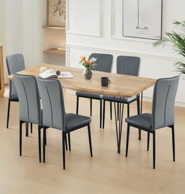 Hallowood Furniture Cullompton Large Dining Table Live Edge Effect Top (1.6M) With 6 Light Grey Faux Leather Chairs Light/Grey