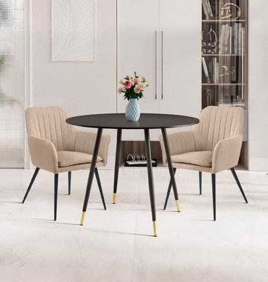 Hallowood Furniture Finley Small Round Dining Table In Black Finish With 2 Light Brown Fabric Armed Chairs from B&Q