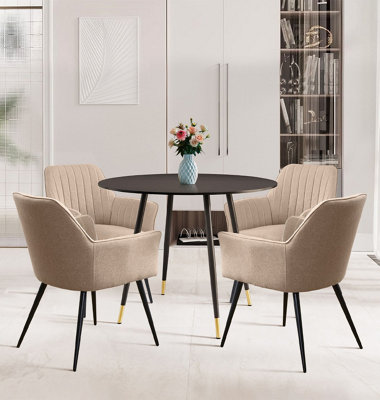 Hallowood Furniture Finley Small Round Dining Table In Black Finish With 4 Light Brown Fabric Armed Chairs from B&Q