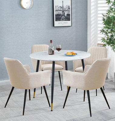 Hallowood Furniture Finley Small Round Dining Table In White Marble Finish With 4 Beige Fabric Armed Chairs from B&Q