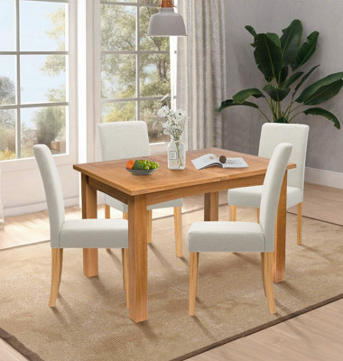 Hallowood Furniture Camberley Oak Butterfly Extending Dining Table With 4 Straight Back Fabric Chairs In Beige from B&Q