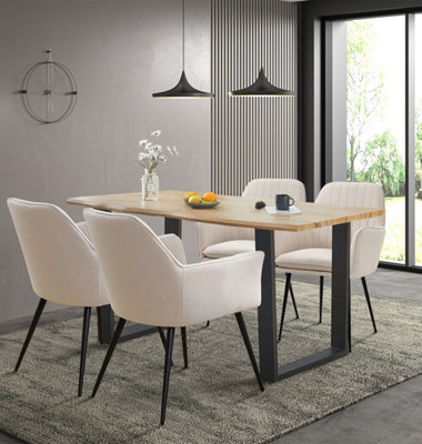 B&Q -  Cullompton Large Dining Table With Live Edge Effect And 4 Beige Armed Chair