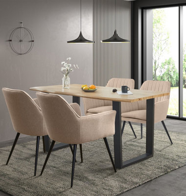 B&Q -  Cullompton Large Dining Table With Live Edge Effect And 4 Light Brown Armed Chair
