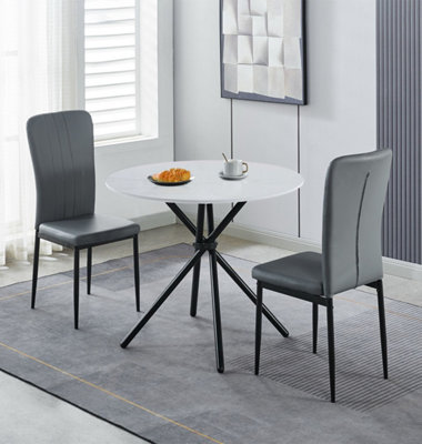 Hallowood Furniture Cullompton Small Round Dining Table 90Cm With 2 Grey Faux Leather High Back Chairs from B&Q