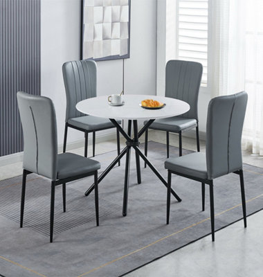 Hallowood Furniture Cullompton Small Round Dining Table 90Cm With 4 Grey Faux Leather High Back Chairs from B&Q