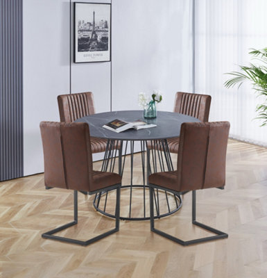 B&Q -  Cullompton Large 120Cm Round Table With 4 Brown Leather Effect Dining Chairs