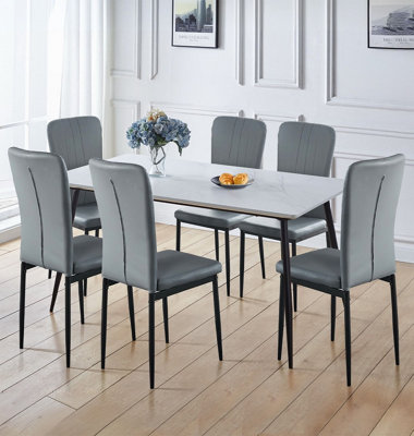 B&Q -  Cullompton Large Rectangular Dining Table (1.6M) With 6 Grey Faux Leather Chairs