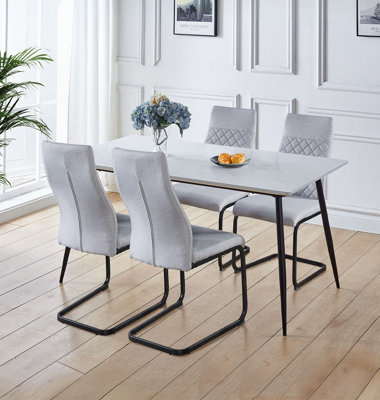 B&Q -  Cullompton Large Rectangular Dining Table (1.6M) With 4 High Back Light Grey Fabric Chairs