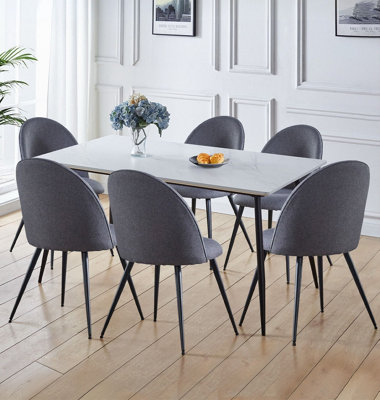 B&Q -  Cullompton Large Rectangular Dining Table (160Cm) With 6 Grey Fabric Curved Back Dining Chairs