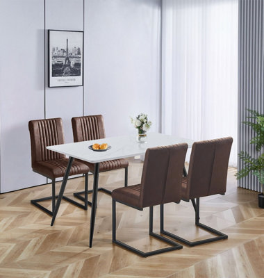 Hallowood Furniture Cullompton Rectangular Dining Table 120Cm In White Marble Effect Top With 4 Brown Leather Effect Chairs from B&Q