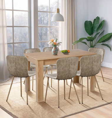 Hallowood Furniture Newquay Oak Fixed Top Table 120Cm With 6 Taupe Leather Effect Chairs from B&Q