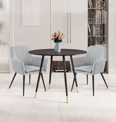 Hallowood Furniture Finley Small Round Dining Table In Black Finish With 2 Steel Grey Fabric Armchairs from B&Q