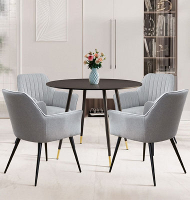 Hallowood Furniture Finley Small Round Dining Table In Black Finish With 4 Steel Grey Fabric Armchairs from B&Q