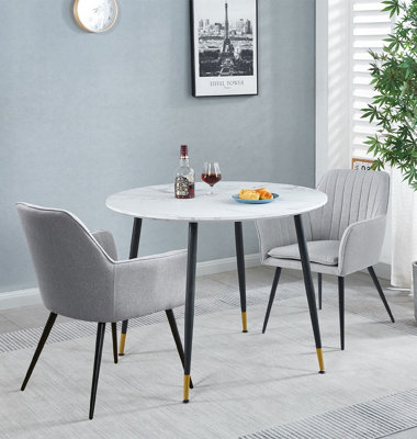 Hallowood Furniture Finley Small Round Dining Table In White Marble Finish With 2 Steel Grey Fabric Armed Chairs from B&Q