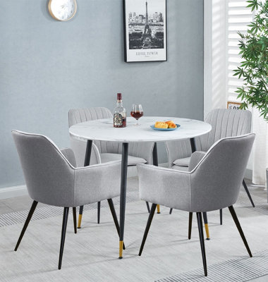 Hallowood Furniture Finley Small Round Dining Table In White Marble Finish With 4 Steel Grey Fabric Armed Chairs from B&Q