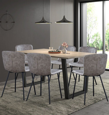 Hallowood Furniture Dudley Dining Set150Cm Modern Industrial Table With 6 Taupe Faux Leather Chairs from B&Q