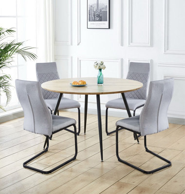 B&Q -  Cullompton Large Round Dining TableLight Oak Effect Top (120Cm)With 4 Grey Fabric High Back Chairs