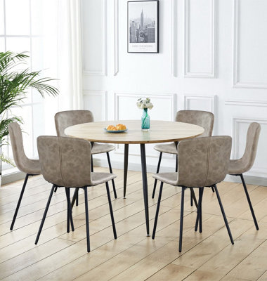 B&Q -  Cullompton Large Round Dining Table With Light Oak Effect Top (120Cm) With 6 Grey Leather Effect Chairs
