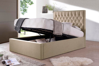 Save On Goods UK 4Ft6 Double Natural Oatmeal Fabric Ottoman Upholstered Buttoned HeadboardLift Up Storage Bed Frame. Front EndFoot End Lift from B&Q