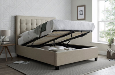 Save On Goods UK 4Ft6 Double Natural Oatmeal Ottoman Fabric Upholstered,squareButtonButtoned Storage Gas Lift Up Bed Frame from B&Q