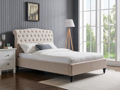 Save On Goods UK 4Ft6 Double Fabric Upholstered Bed,natural Colour,buttoned Back,curved Bed Frame,bedstead from B&Q