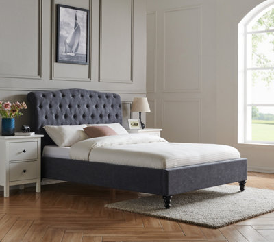 Save On Goods UK 4Ft6 Double Fabric Upholstered Grey Bed ,dark Grey,buttoned Back,curved Bed Frame,bedstead from B&Q