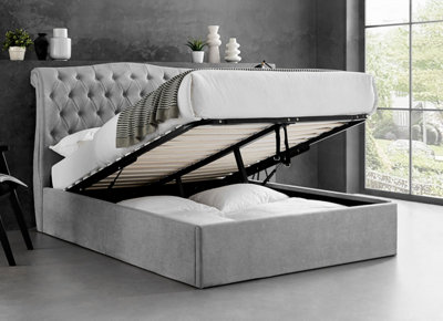 Save On Goods UK 4Ft6 Double Ottoman Fabric Bed Frame,gas Lift Up,upholstered,light Grey,buttoned Back,curved from B&Q