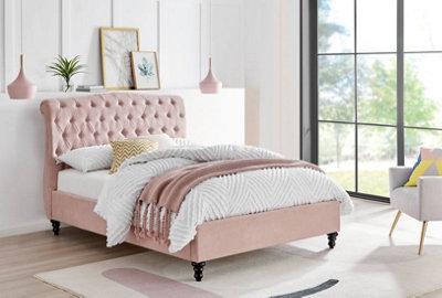 Save On Goods UK 4Ft6 Double Fabric Upholstered,pink,button Back,scroll,chesterfield Curved Bed Frame from B&Q