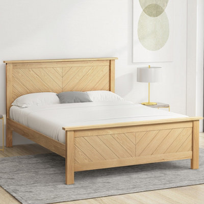 Save On Goods UK 4Ft6 Double Real Oak Wood Bed Frame.chevron Solid Panel Wooden from B&Q