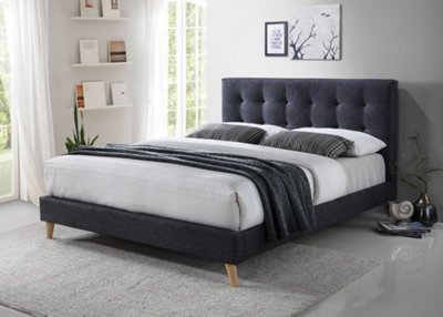 Save On Goods UK 4Ft6 Double Dark Grey Soft TouchButton Back Fabric Upholstered Bed Frame Bedstead from B&Q