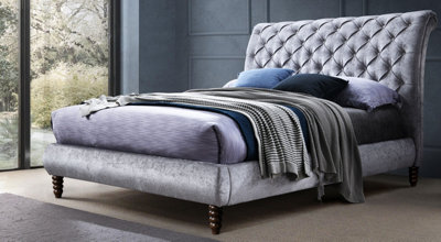 Save On Goods UK 5Ft King Size Grey Crushed Velvet Fabric Scroll Sleigh Chesterfield Button Back Fabric Upholstered Bed Frame from B&Q