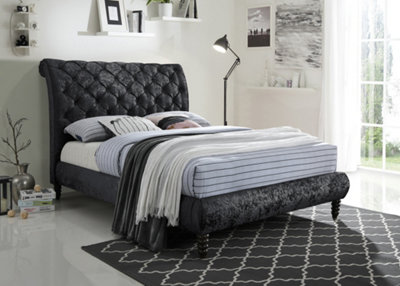 Save On Goods UK 5Ft King Size Black Crushed Velvet Fabric Scroll Sleigh Chesterfield Button Back Fabric Upholstered Bed Frame from B&Q