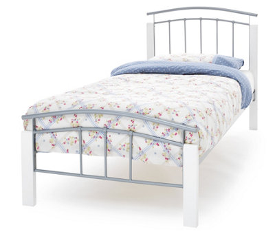 Save On Goods UK 3Ft Single Silver Metal Tubular Bed FrameWhite Painted Wood Corner Posts.strong Sturdy Frame Bedstead Base. from B&Q