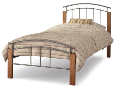 Save On Goods UK 3Ft Single Silver Metal Tubular Bed FrameBeech Wood Finish Corner Posts.strong Sturdy Frame Bedstead Base. from B&Q